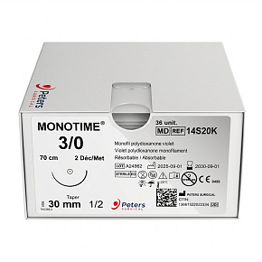 MONOTIME, USP 3/0, ihla 30mm, 1/2kruh, taper, vlákno 70cm, fialové (36ks/bal)