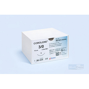 COROLENE, USP 5/0, ihla 16mm, 3/8, cutting, 75cm, vlákno modré (36ks/bal) COROLENE, USP 5/0, ihla 16mm, 3/8, cutting, 75cm, vlákno modré (36ks/bal)
